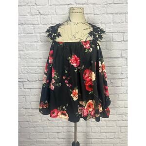 Oversize Women's Black and Floral Cold Shoulder Blouse
